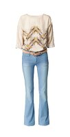 Beige silk top and jeans with belt on white background