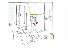 Illustration of bathroom with sink and washing machine in closet