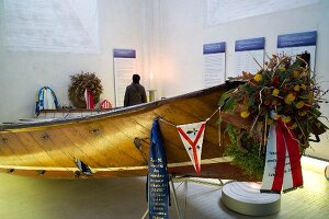 Pamir lifeboat at Jacobi church, Lubeck, Schleswig Holstein, Germany