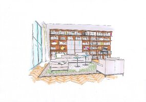 Wohnzimmer, Zeichnung, raumhohes Bücherregal, Sofagruppe, freistehend