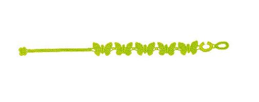Close-up of green friendship bracelet with small butterflies on white background