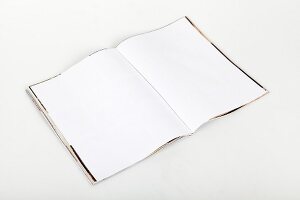 Close-up of white open notebook against white background