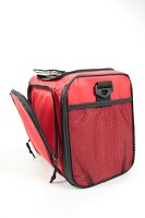 Close-up of red bicycle bag on white background