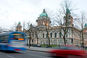 View of City hall with vehicles on street at Belfast, Northern Ireland