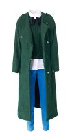 Long green trench coat over green sweater and blue pants against white background