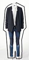 Blue jeans, blazer and white blouse on mannequin against white background