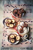 Chocolate piped biscuits and caramel biscuits