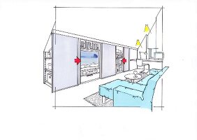Illustration of living room with wall cupboard and television set