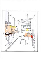 Illustration of kitchen with furnished cabinets, dining table and recessed lights