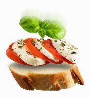 A slice of baguette topped with tomato, mozzarella and basil