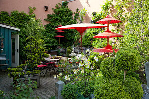 Seating area in the private garden with red parasols and plants