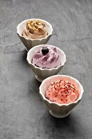 Strawberry ice cream, redcurrant ice cream and chocolate ice cream