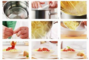 Spaghetti napoli being prepared