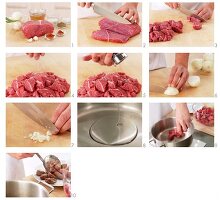 Rindfleisch für Gulasch in Würfel schneiden und anbraten