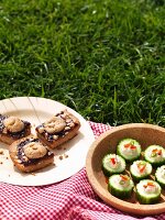 Cucumber and Hummus Appetizer and Peanut Butter and Jelly Bars; On a Blanket in the Grass