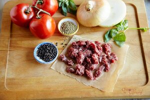 Raw Buffalo Stew Meat with Stew Ingredients