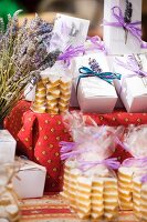 Cakes and pastries in bags and gift boxes on a market stall