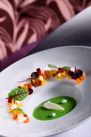 Chilled Sweet Pea Soup with Fromage Blanc and Candied Fruit and Vegetables