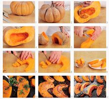 Baked pumpkin wedges being prepared