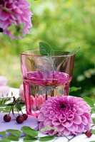 Pinkfarbene Dahlien im Wasserglas als Tischdeko