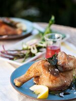 Cornish Game Hen with Lemon on a Blue Plate; With Salad on an Outdoor Table