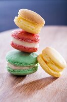 A stack of four different coloured macaroons