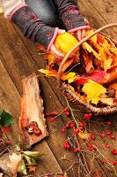 Girl's hands and basket of collected autumn leaves