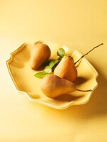 Pears with Leaves in a Shallow Yellow Bowl