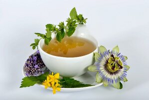 Herbal tea and ingredients (lemon balm, passion flower, St. John's wort, hops, lavender and orange flowers)