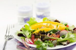 Mixed leaf salad with mango, tomatoes and radishes