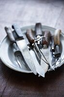 Carving utensils on a metal platter