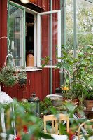 Many potted plants in glazed extension to wooden cabin