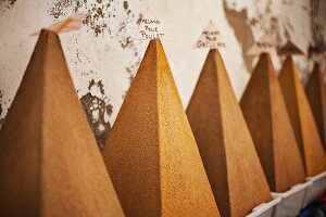 Various spice pyramids in the city of Essaouira, Morocco