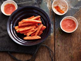 Pumpkin fries with chilli tomatoes