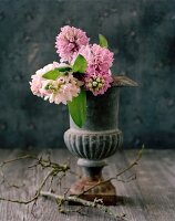 Hyacinth flowers in grey, urn-shaped vase