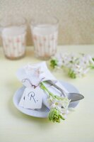 Napkin, cutlery, hyacinths and name tag