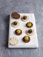 Crackers and pumpernickel topped with various spreads