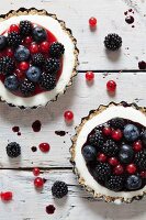 Törtchen mit Joghurt-Sahne-Creme, Brombeeren, Blaubeeren und roten Johannisbeeren