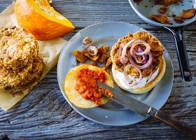 A vegan Balkan burger made with pumpkin and ajvar