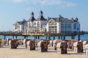 Beach chairs near the 'Kaiserpavillon' restaurant on the Sellin pier, Sellin, Rügen, Baltic Sea