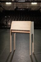 Simple, hand-made writing desk in laminated maple with closed drop front