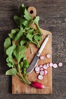 Radishes on a chopping board with a knife