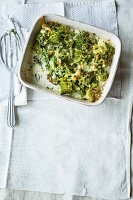 Romanesco broccoli and cauliflower gratin with pepper cream