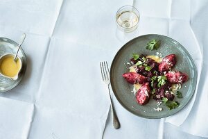 Beetroot dumplings with lemon butter