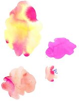 Cloud-shaped blots of watercolour paints in yellow, magenta and pink on white background