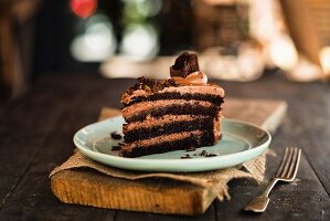 Mousse au chocolat cake on a rustic board