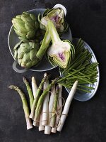 An arrangement of various stalk vegetables