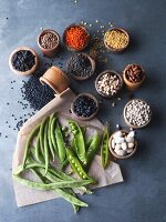 An arrangement of fresh and dries legumes