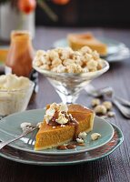 Pumpkin tart with cream, caramel sauce and popcorn