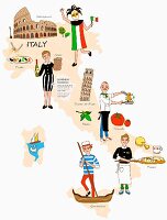 An illustration of Italy featuring typical attractions on a map